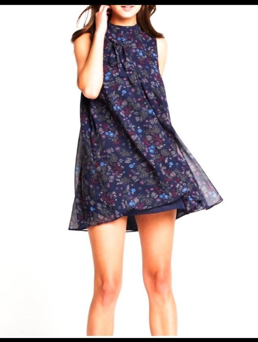 BCBGeneration Navy Floral High-Neck Swing Dress With Beautiful Tie Back Neck 🩵 - Picture 2 of 5